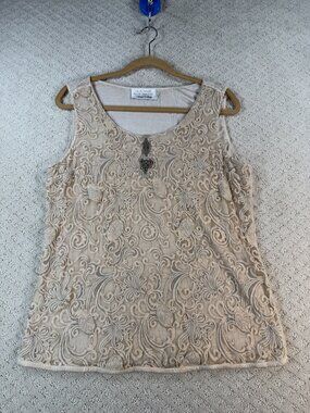 Elisa Cavaletti Embroidered Lace Sleeveless Top Womens Beige Keyhole Neck Size L
